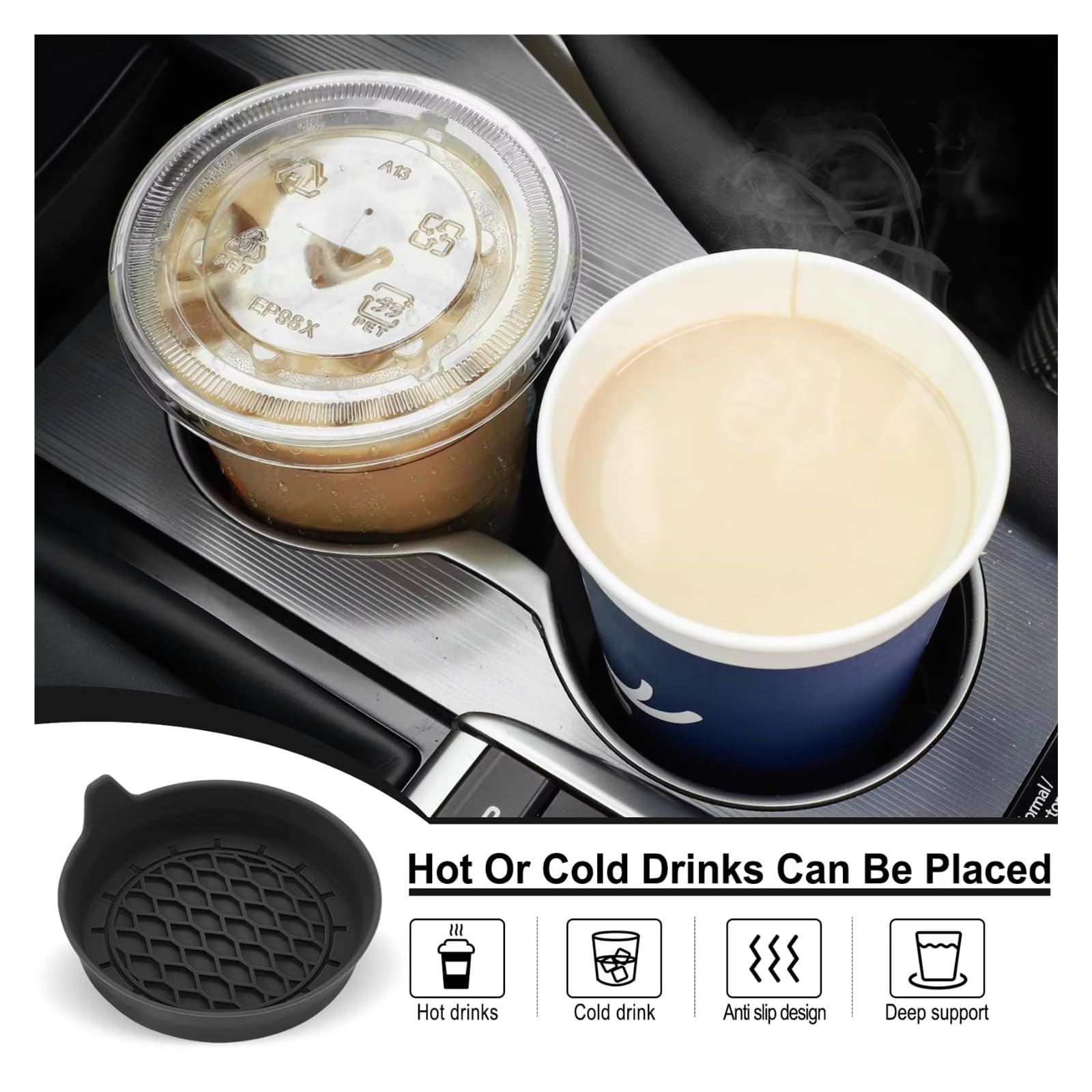 Sottobicchieri Per Auto In Silicone - 2 Pezzi, Antiscivolo, Impermeabili, Universali, Colore Nero/Grigio - copertina