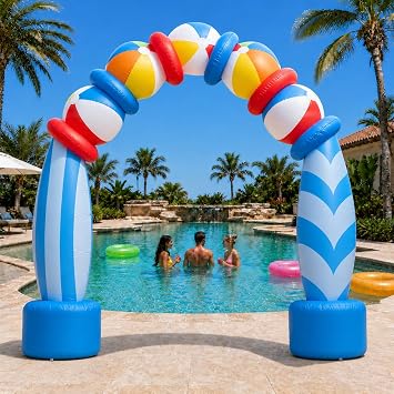 7.6 FT Inflatable Beach Ball Arch with Built-in LED Lights, Colorful Blow Up Archway Summer Outdoor Decoration for Pool Party, Beach, Luau, Birthday, Yard, Lawn, Garden and Photo Backdrop