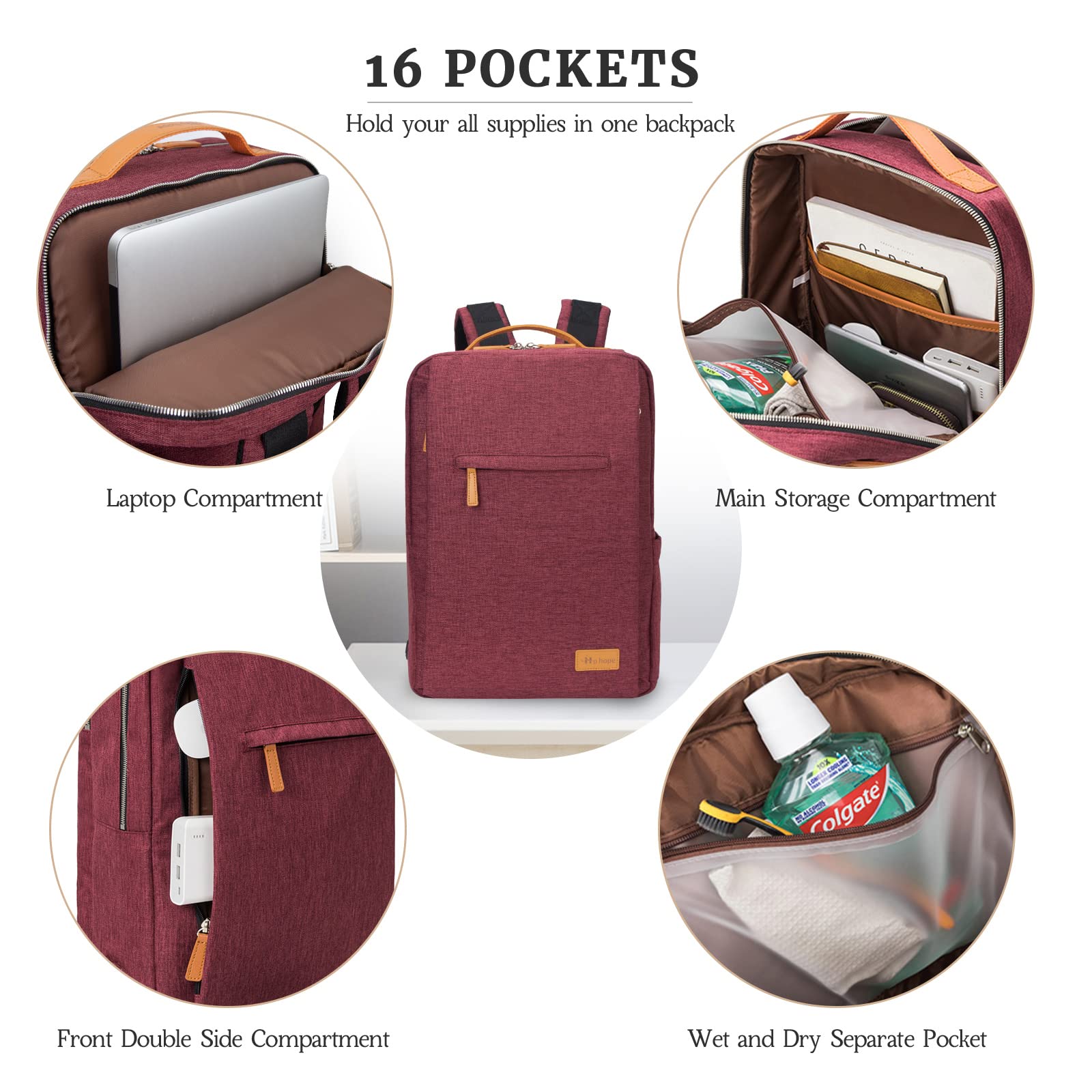 Hp hope Zaino da lavoro per uomo, zaino impermeabile da donna per zaino da scuola per laptop da 15,6 inch con porta di ricarica USB, zainetto antifurto da 22 litri per viaggi di lavoro, escursioni