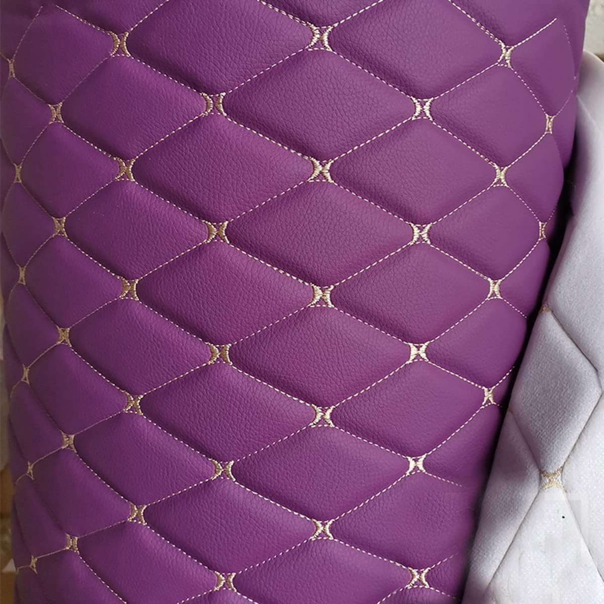 Diamond Faux Leather Vinyl Quilted Foam Fabric with 1/4" Thick Foam Backing for Upholstery Car Headliner Headboards Furniture DIY Projects,60" x 39.37" (Purple)