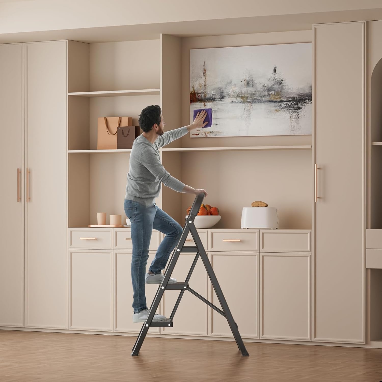 Step Stool 3 Steps Ladder, Foldable Heavy Duty Step Stool 330 lbs, Non-Slip Wide Pedal, Triangle Stability Design, Collapsible Ladder for Home, Kitchen, RV, Office, Indoor Outdoor Use Black