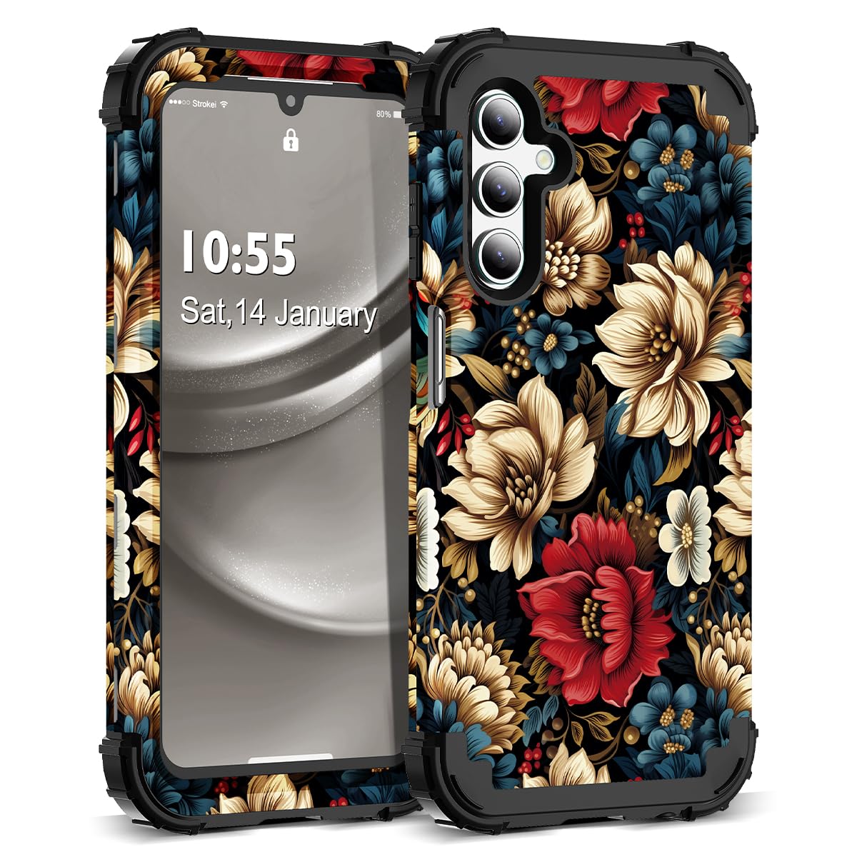 SleekCover for Galaxy A15 5G Case,3 in 1 Floral Pattern Heavy Duty Shockproof Protection Soft Silicone Rubber Bumper+Hard Plastic Hybrid Protective
