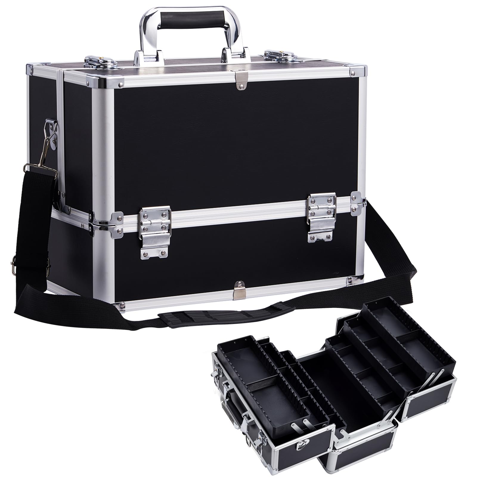 Stagiant Extra Large Makeup Case Vanity Case Make up Organiser Professional Makeup Storage Cosmetic Organiser Case Lockable Storage Box Nail Polish Organiser 6 Trays and Shoulder Strap, Black