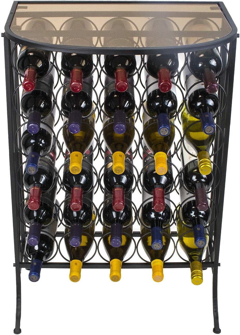 Black Metal Wine Rack Stand with Glass Tabletop for 30 Bottles