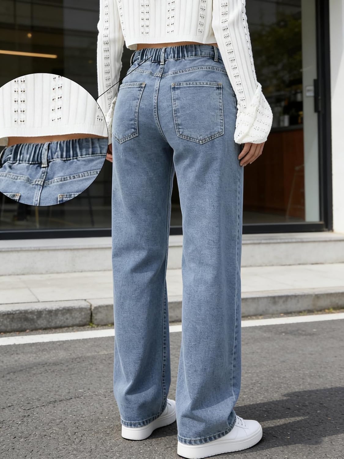 Women's Straight Leg Jeans- High Waisted Stretchy Wide Leg Denim Pants, Elastic Waistband & Classic Blue Vintage Wash - Image 6