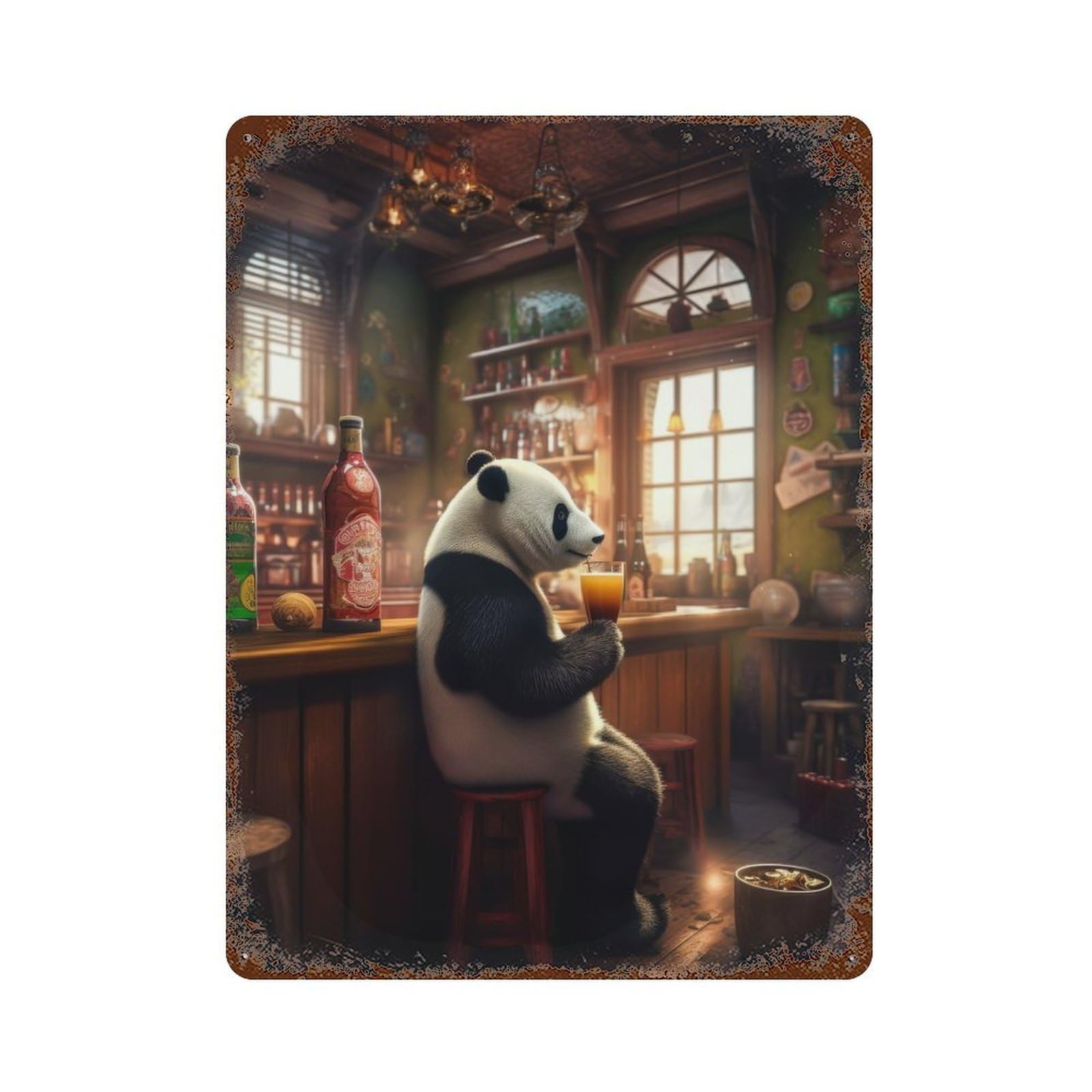 Rust Effect Panda Drinking Alcohol Pub Rusty Metal Tin Sign 15.7"x11.8", Rustic Home Decor for Living Room, Hallway And Home Decor