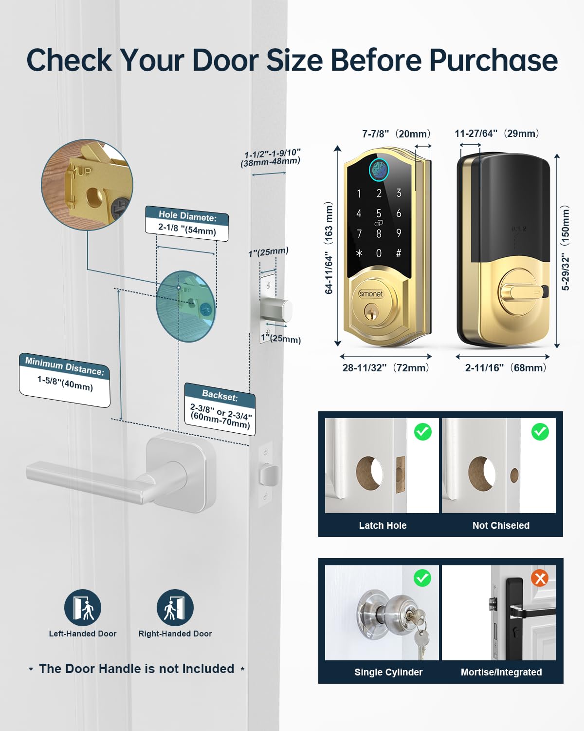 SMONET Smart Lock Fingerprint Deadbolt,Keyless Entry Door Lock with App Control,7-1 Smart Deadbolt with Digital Bluetooth Keyless Entry Keypad Biometrics,Auto-Lock,Easy to Install,Gold