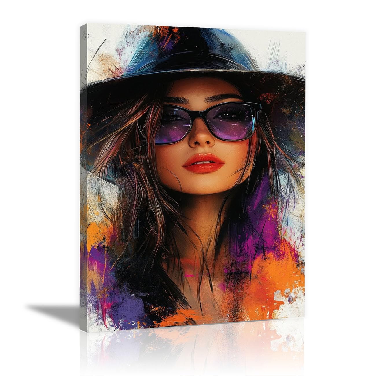 QUSAAOU Black Woman Canvas Wall Color Splash Hat Sunglasses Lady Graffiti Canvas Art Posters Prints African Woman Modern Picture For Living Room Bedroom Office(Purple)-80x120cm1 Unframed