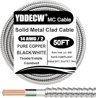 50ft 14/2 Metal Clad (MC) Cable with Ground, 14 Gauge Electric Wire with Aluminum Armor, Solid Bare Copper Conductors for Indoor Outdoor Underground Embedded Installation (14/2, 50 ft)