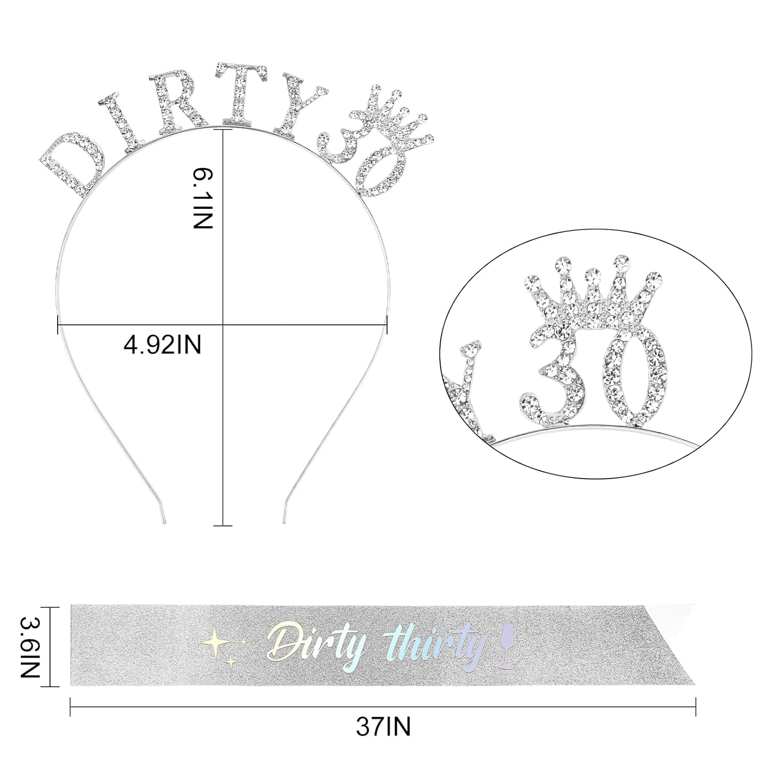 CAVETEE 30th Birthday Crown and Sash, Happy Birthday Headband Silver Princess Tiara DIRTY 30 Sash and Crown for 30th Birthday Decorations Birthday Gifts - Image 2