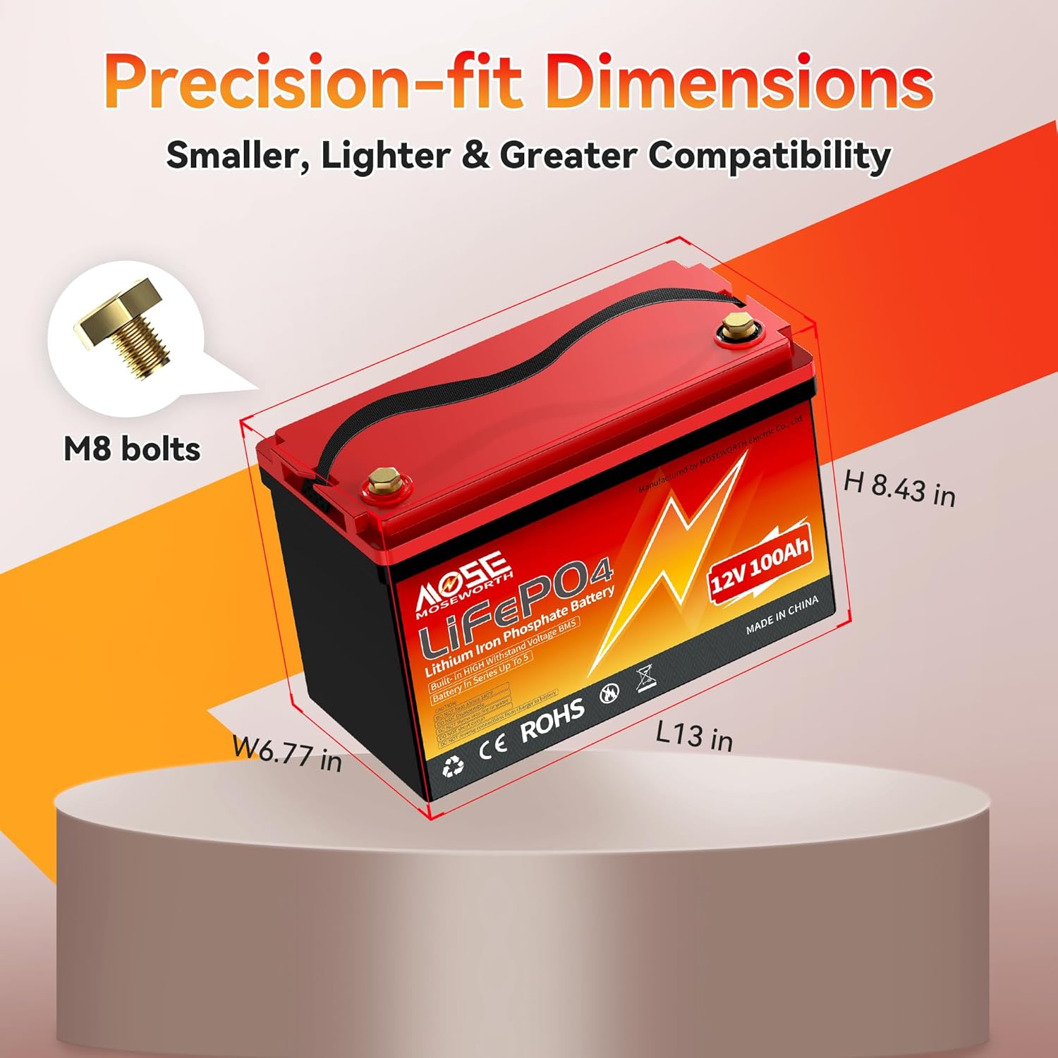 Precision-fit Dimensions of MOSEWORTH 12V 100Ah LiFePO4 Battery with M8 bolts