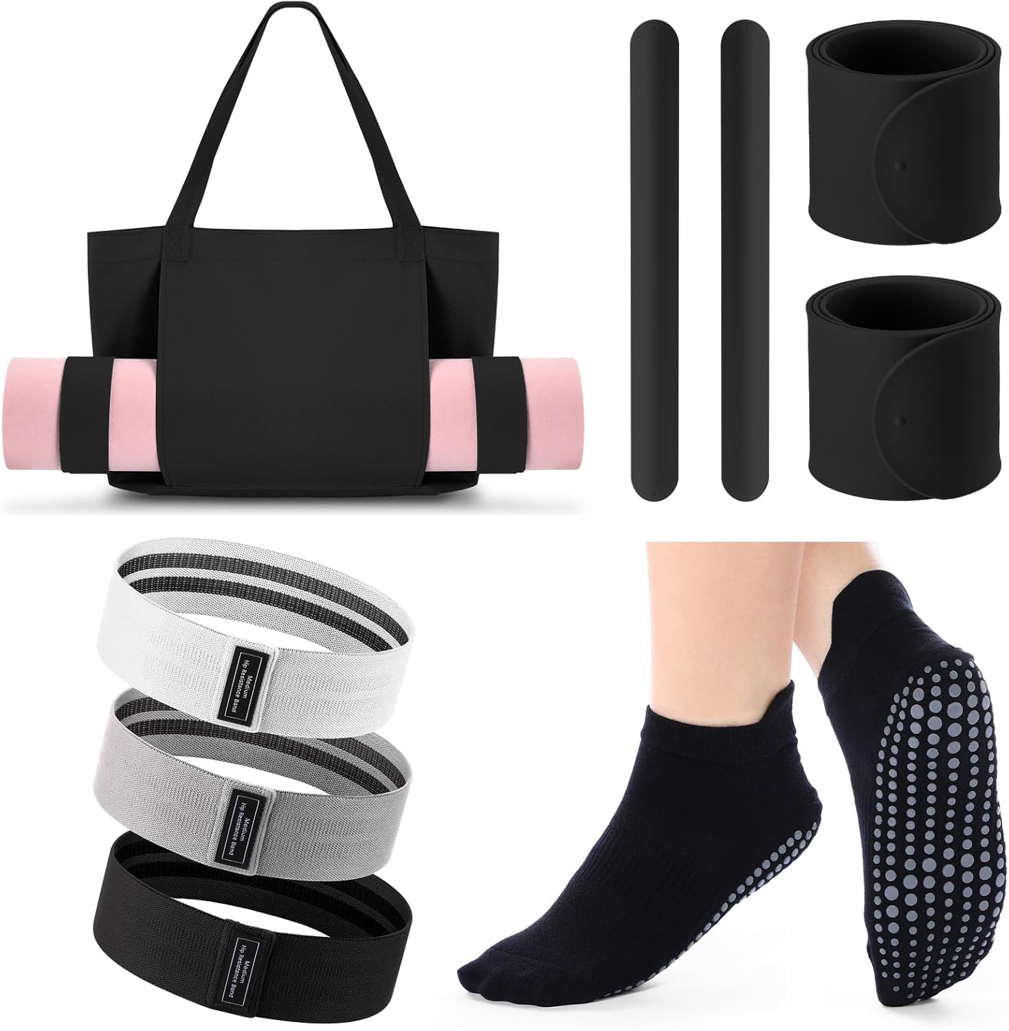 Yoga Bag Set for Women Including Yoga Mat Tote Bag Booty Resistance Band Non Slip Sports Socks Silicone Mat Ties for Pilates Travel Workout Office