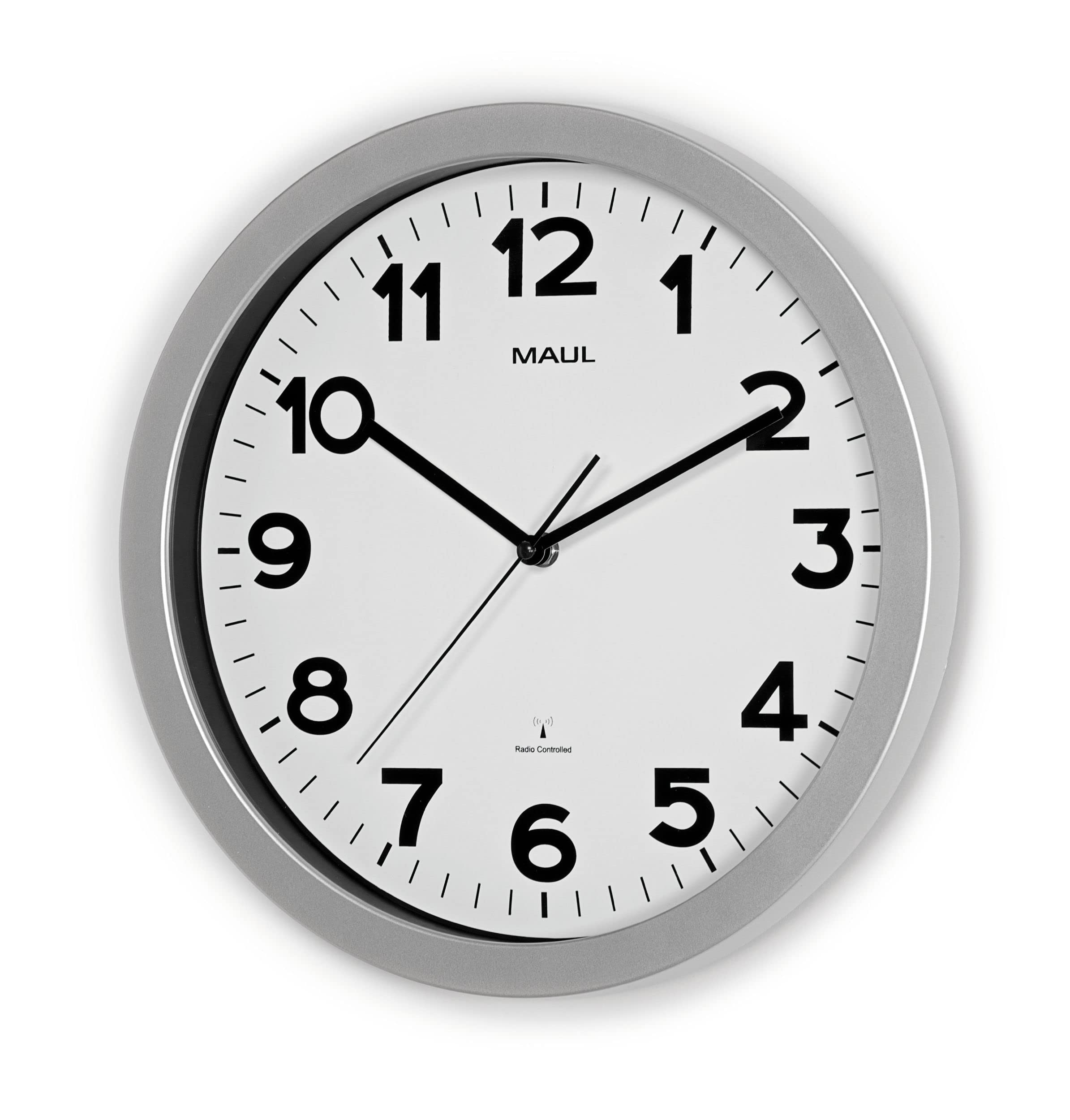 MAUL Funk Wanduhr silber MAULstep 35 cm analog leise mit Mineralglas | automatische Zeitsynchronisation, gut ablesbare Zahlen, leiser Lauf für Büro und Zuhause, robuster Rahmen, Batterie enthalten