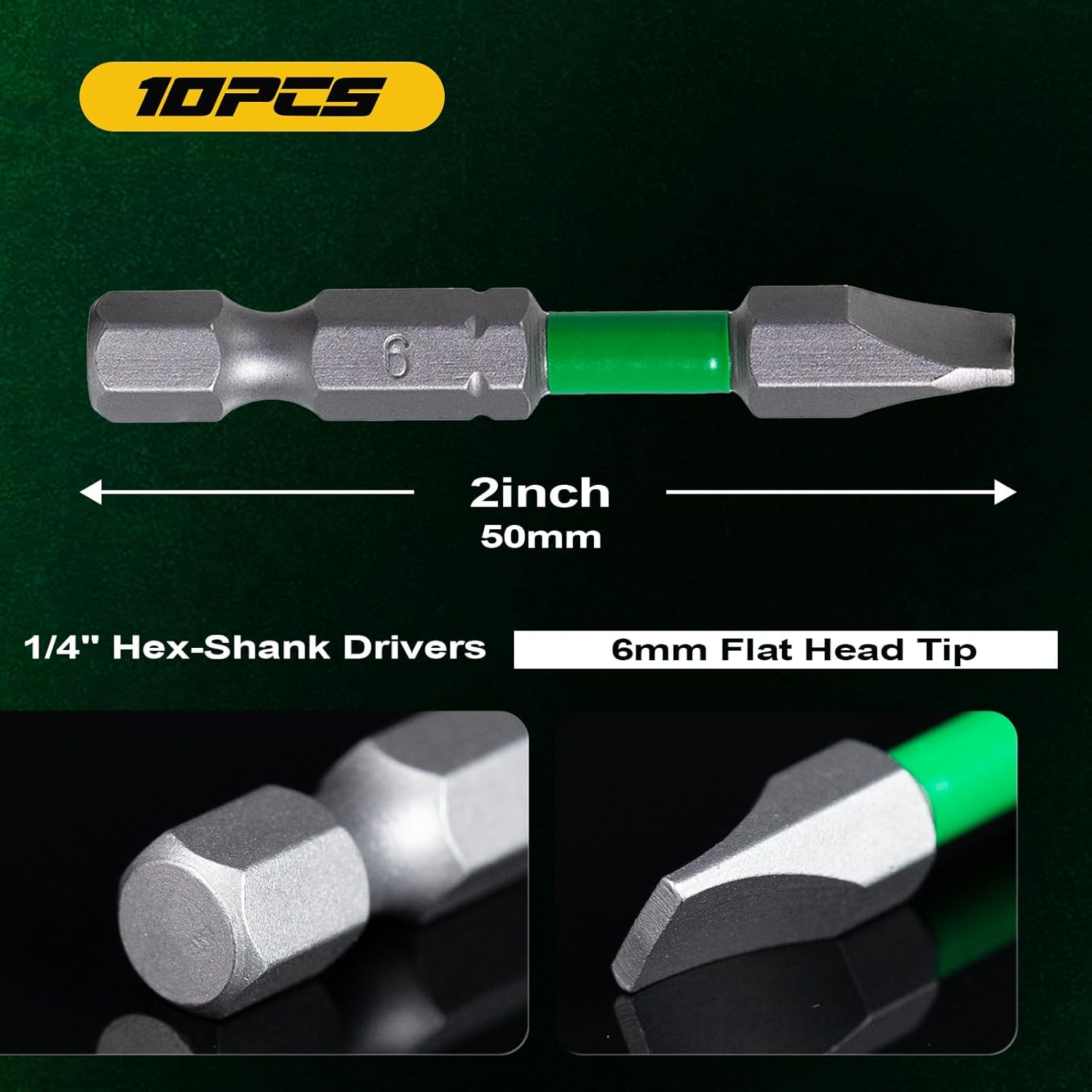 SL6 Slotted Screwdriver Bits, 2 Inch Flat Head Impact Rated Bits, High Torque Magnetic S2 Steel, 1/4" Hex Shank for Drill & Impact Driver, Flat Head Bit for Woodworking & Construction | 10-Pack