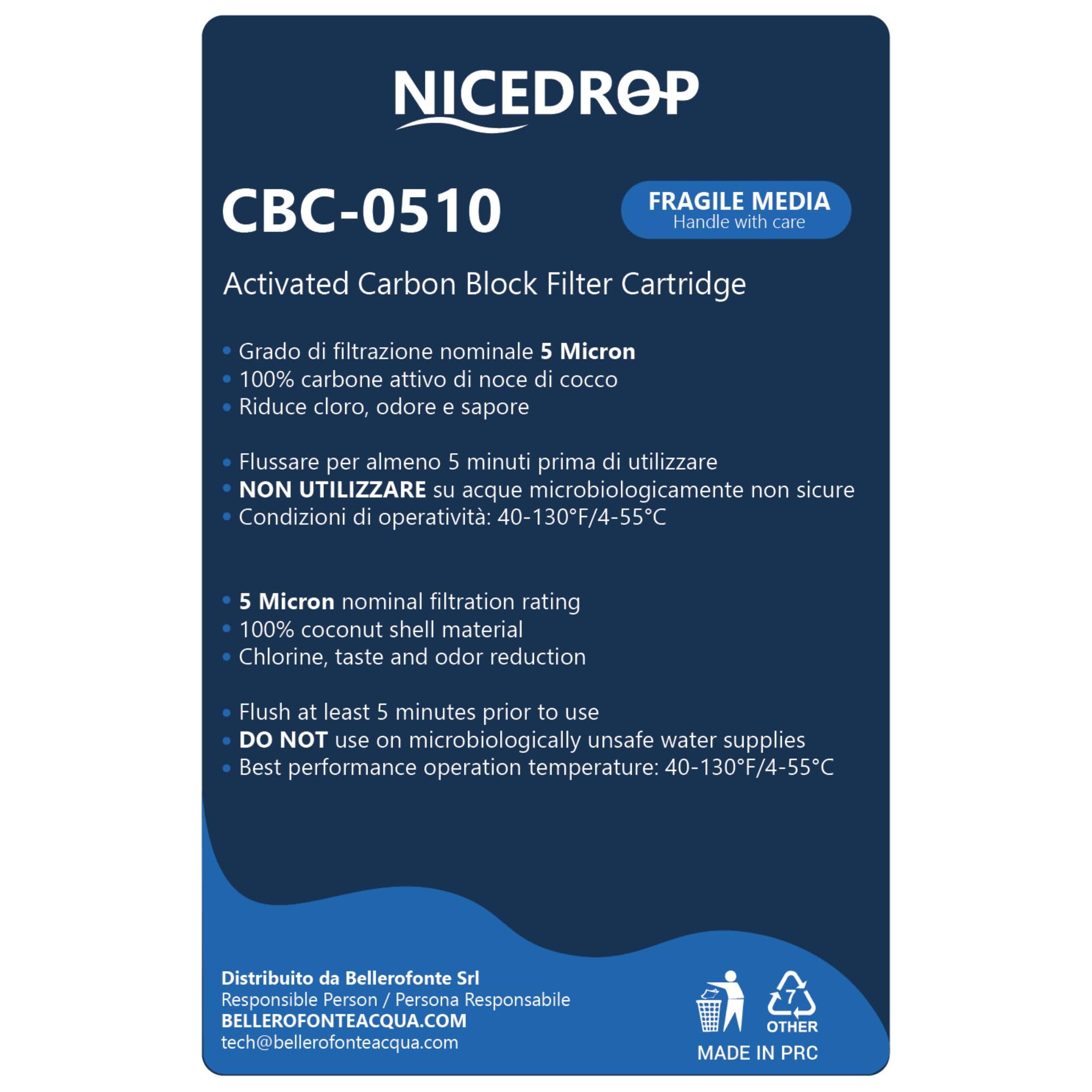 Carbon Block CTO 10" 5 Micron Filtro Acqua per Sistemi ad Osmosi Inversa - Carbone Attivo - Rimuove Sostanze Organiche - Sedimenti - Metalli - Pesticidi - Inquinanti - Cloro (6 Pezzi)