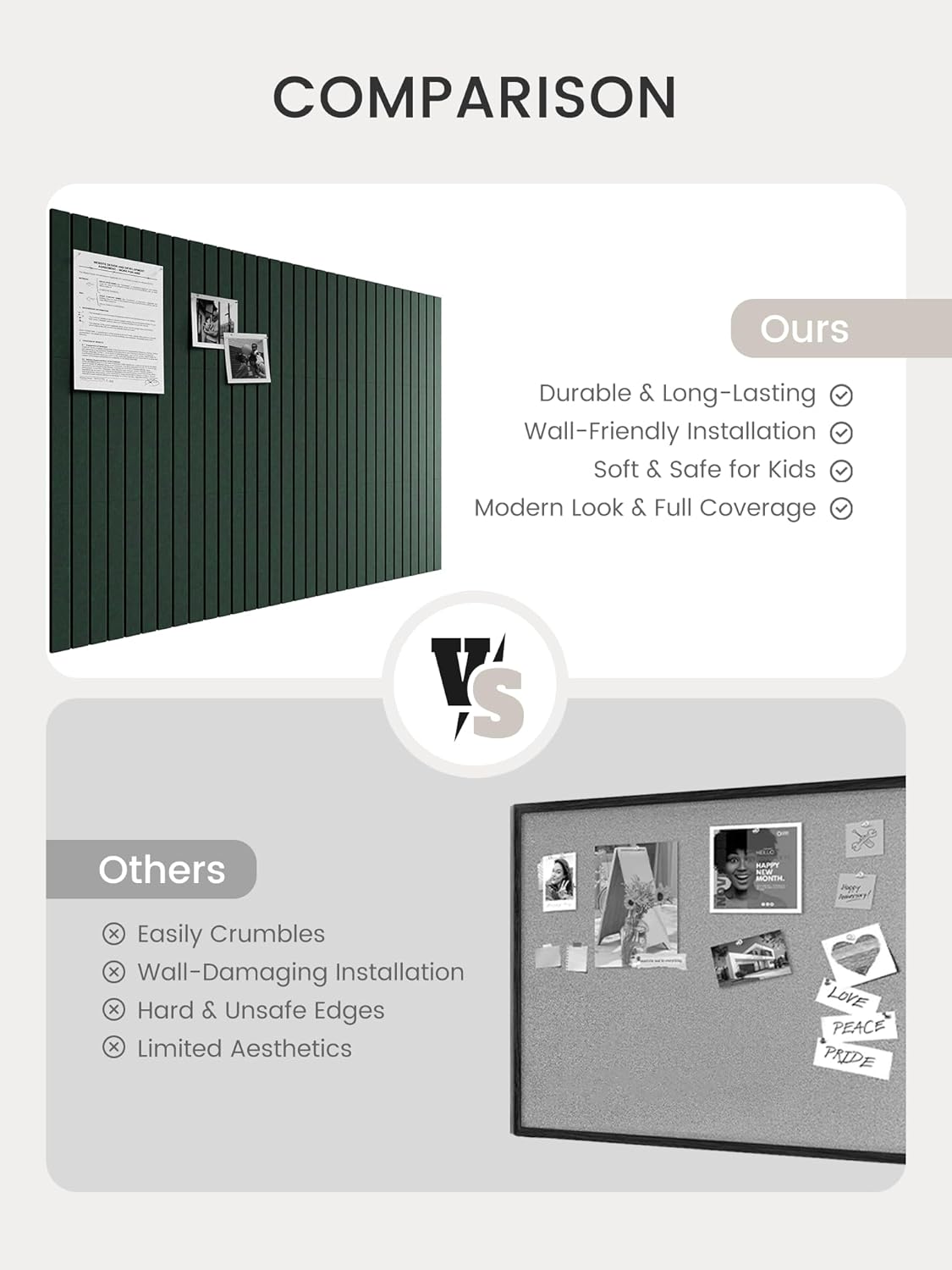 Bumusty Large Cork Board Alternative-48 x 36" Felt Bulletin Board Tiles, with 30 Pushpins, 70 Adhesive Tabs, 12-Pack Slat Wall Paneling, Cork Boards for Office Push Pin Board Felt Board-Pine Green