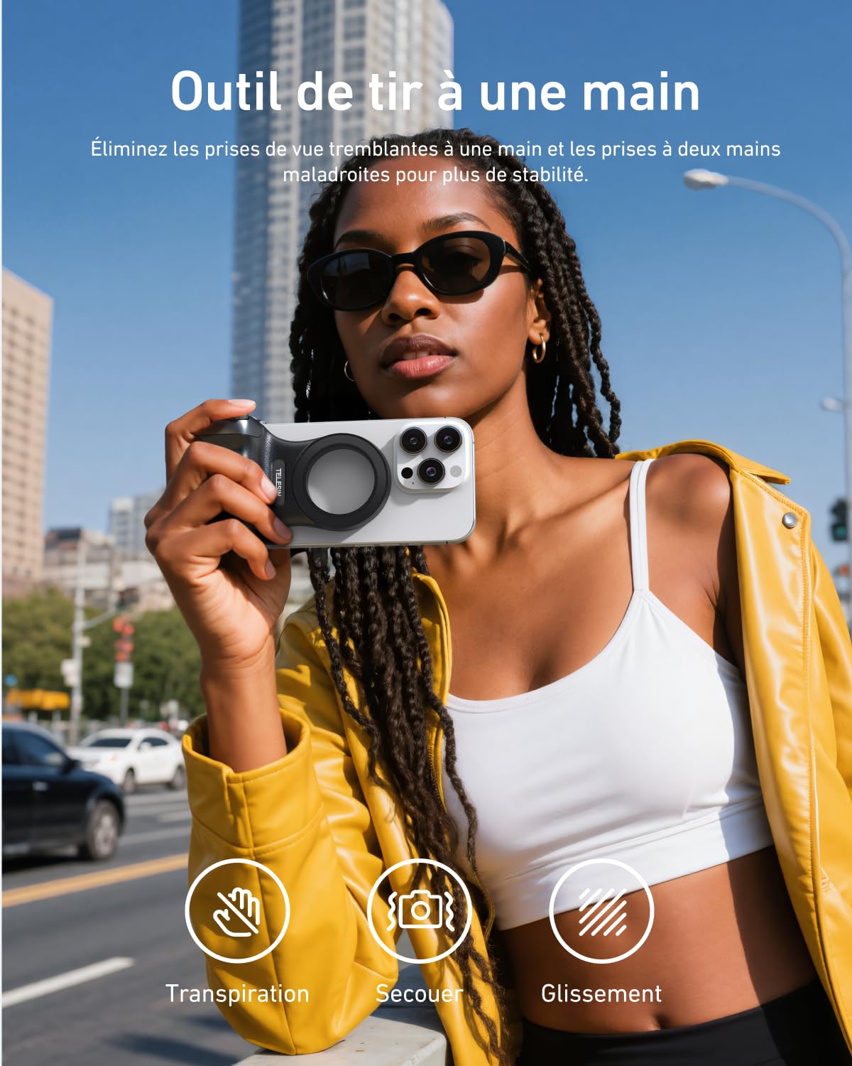 TELESIN Fun Shot Smartphone Handle Grip, Poignée Smartphone avec Détachable Télécommande Bluetooth - Filetage 1/4, Stabilisateur de Poignée pour iPhone Android, Selfies/TikTok (Noir)