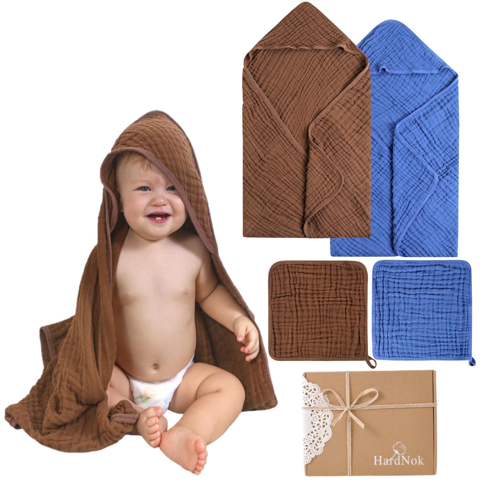 Toallas de baño de muselina para bebé, paquete de 4 toallas de baño de muselina de alta calidad, 6 capas, de algodón natural, suaves y cómodas para niños y niñas (café y azul)