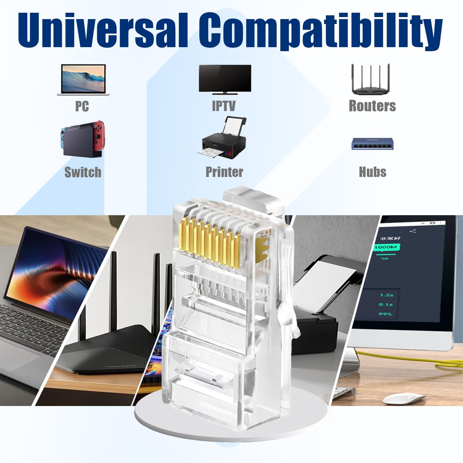 Conector Cat5e RJ45, paquete de 50 unidades, enchufe de red UTP, conectores modulares, conectores Rj45, extremos Ethernet para cable de hilo sólido