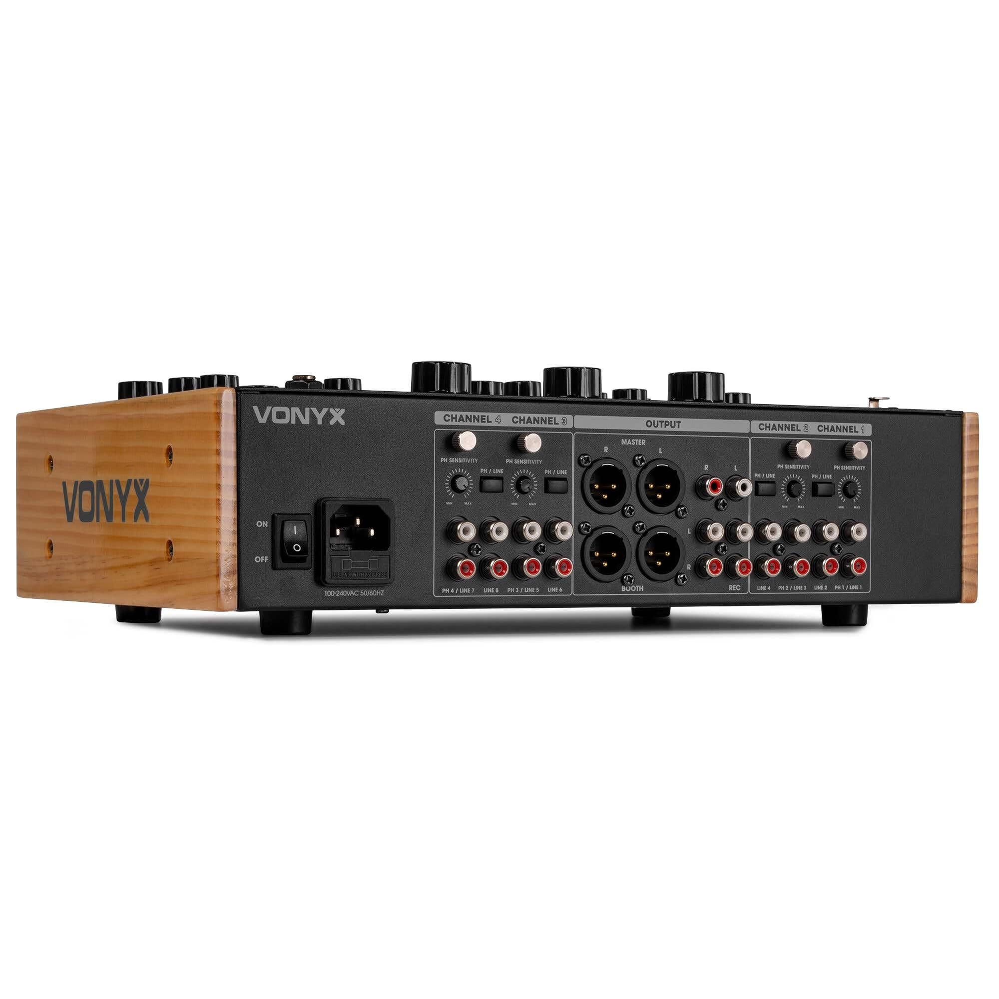 Vonyx VDJ270 DJ mixer a 4 canali – analogico Rotary Audio Mixer con 2 bande EQ & XLR – Retro DJ mixer nero effetto legno – Sound Mixer per vinile & Club – Include Booth Output & Mic Input