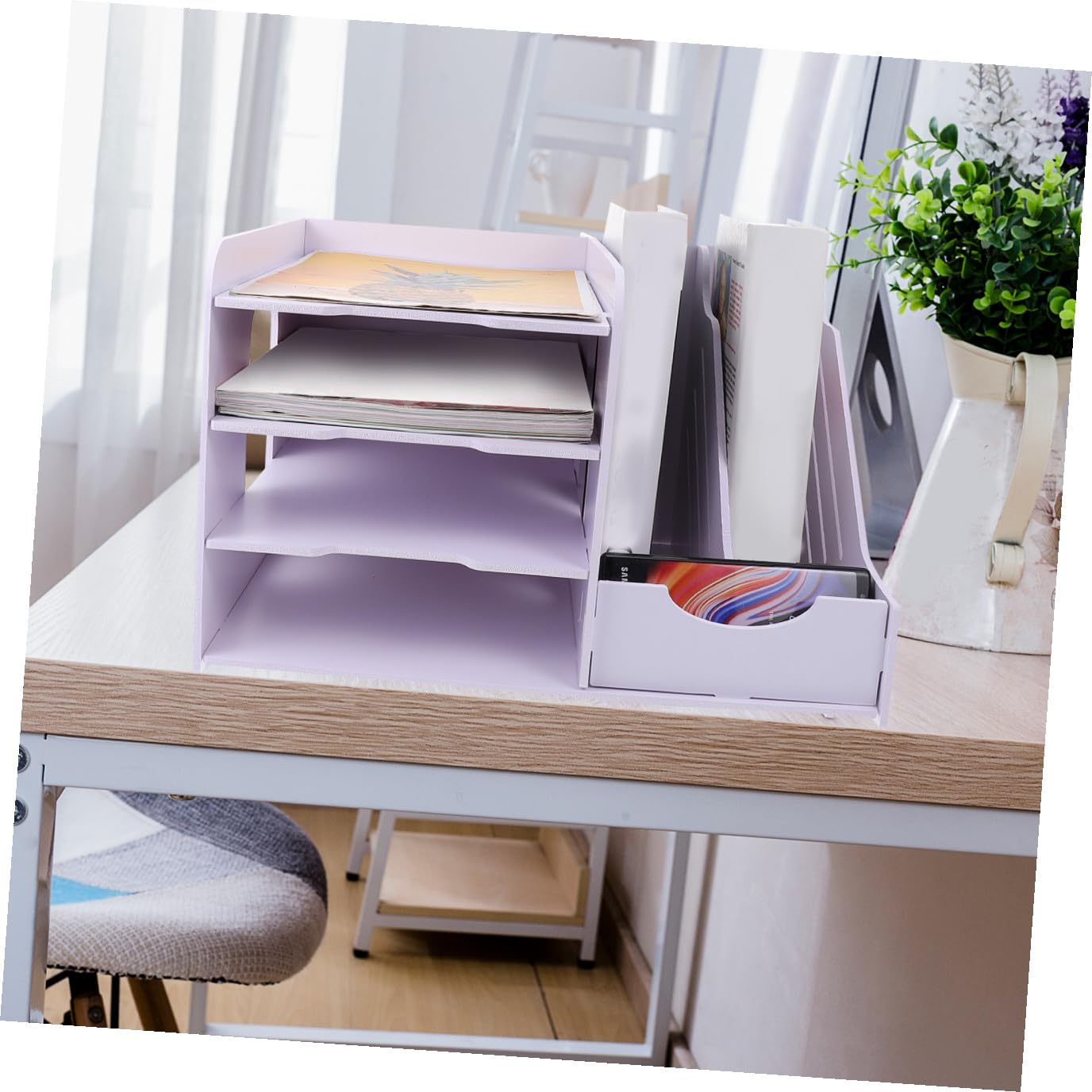 Estante de archivos multicapa con compartimentos laterales, estante de almacenamiento de escritorio para documentos de oficina, papelería y libros, ideal para uso doméstico y oficina