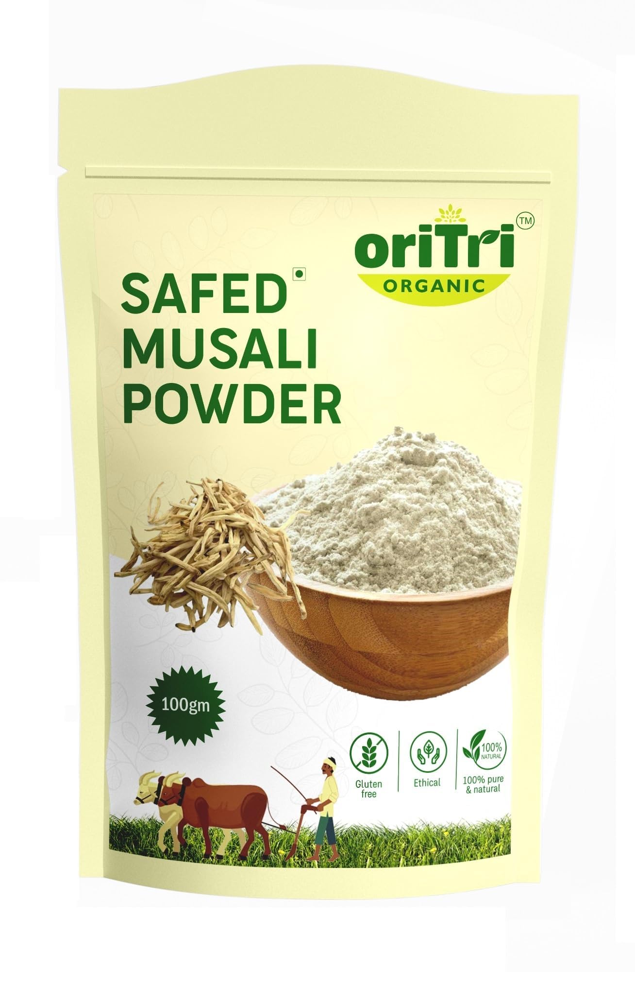 Oritri Organics Safed Musli Powder | Organic Herbal Vitality Booster for Energy & Performance | 100% Pure, Ayurvedic Supplement for Strength & Stamina | Non-GMO, Chemical-Free (100g)