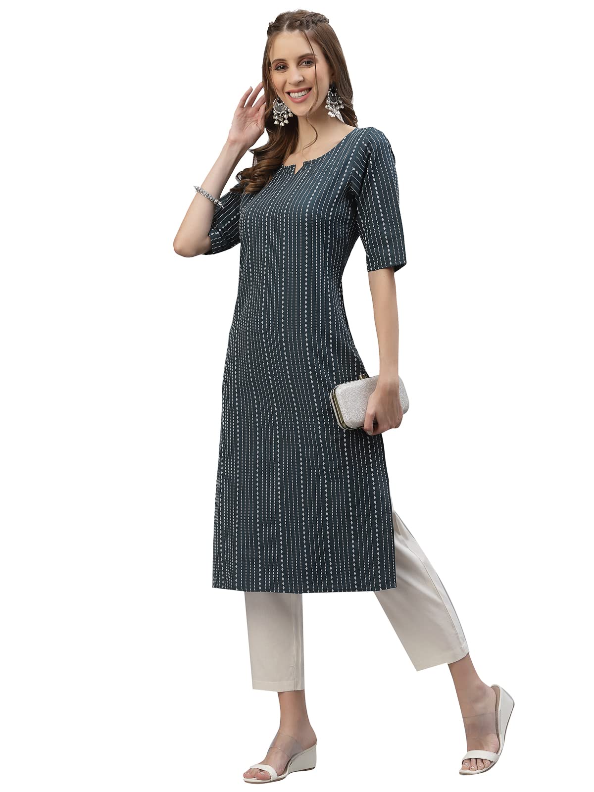 Stylum Women's Self Woven Striped Cotton Blend Straight Kurta (Daisyteal42_Teal Blue, Xl)