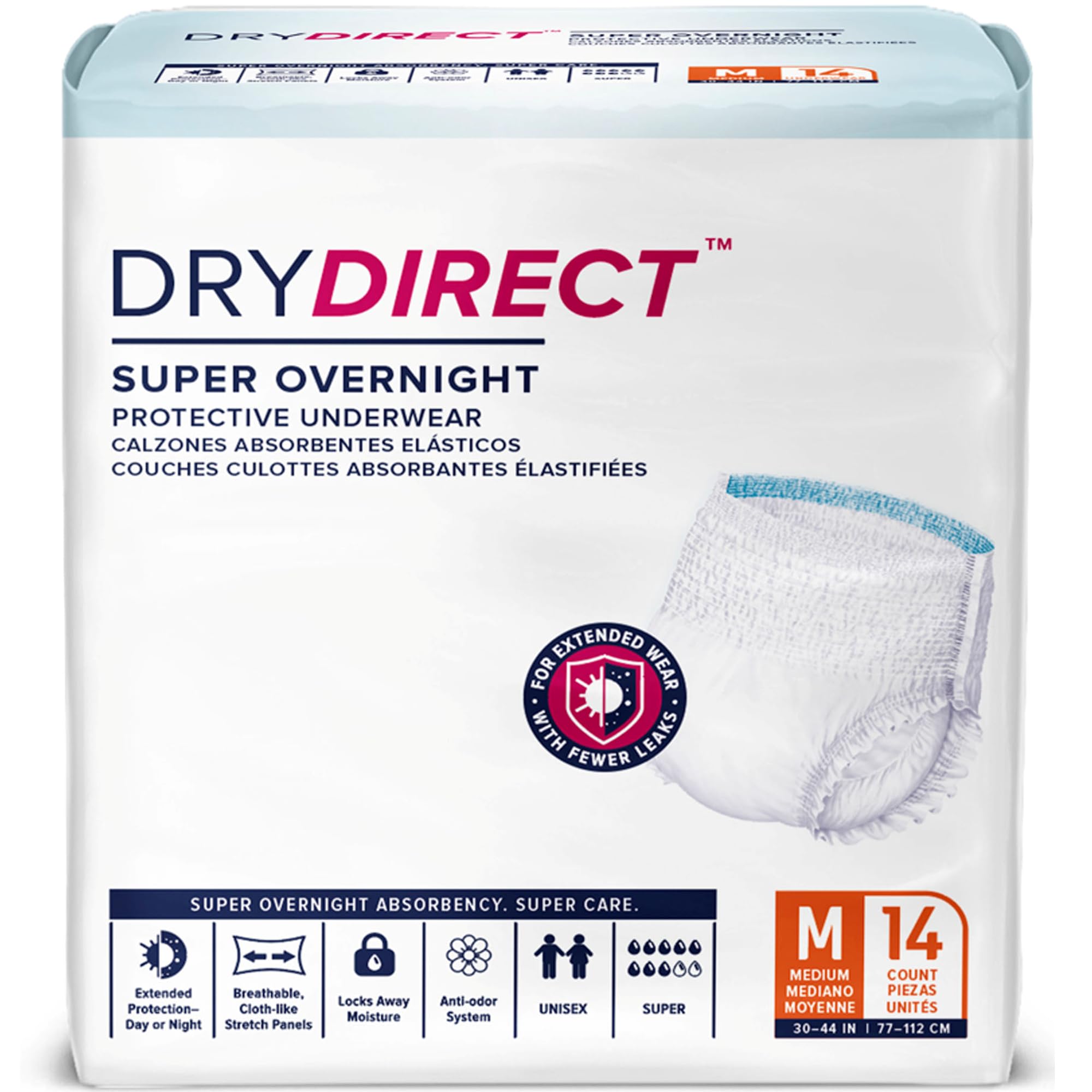 Dry Direct Super Overnight Underwear, Soft Cloth-Like Adult Diapers, Overnight Disposable Incontinence Protection - Medium (Pack of 14)