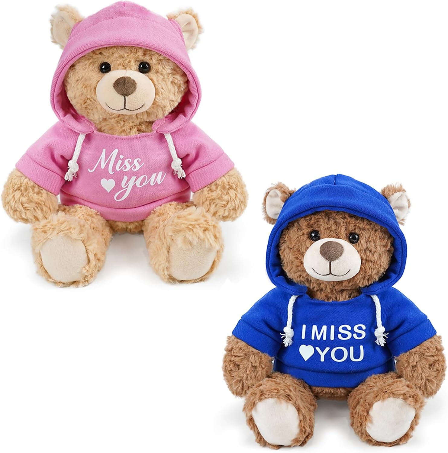 2 Pcs Miss You Teddy Bears Plush Dolls 8.7" Stuffed Bear Animal Set Hoodie-Wearing Bear with I Miss You Valentine’s Cozy Bear for Girlfriend Girls Boys Kids Baby Gift (Pink + Blue)
