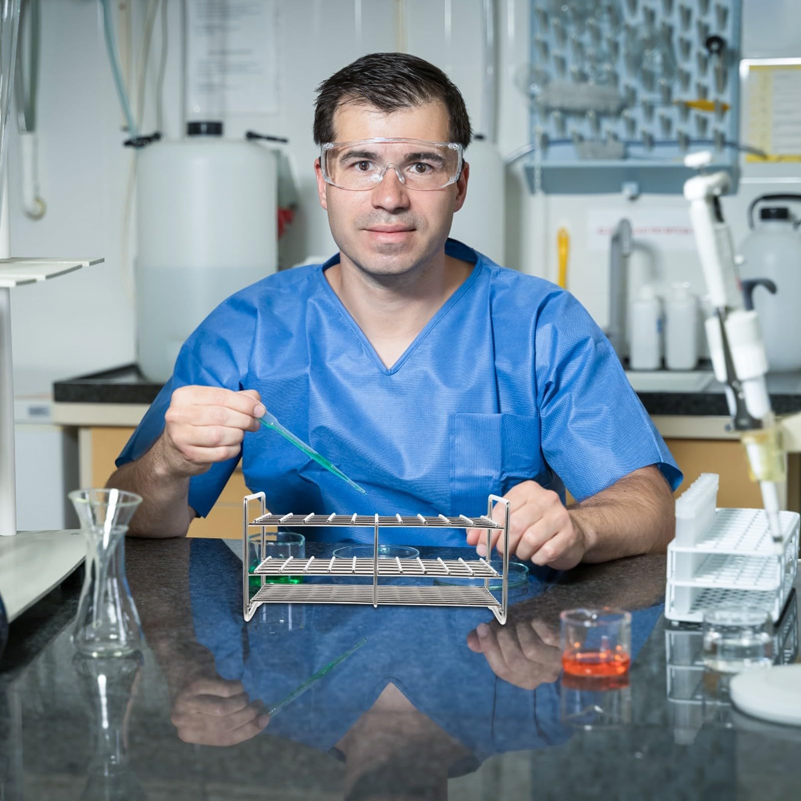 Edelstahl Reagenzglasständer mit 50 Löchern und Quadratischen Öffnungen Robuster Testrohrhalter mit Griff Sicher und Leicht Tragbar für Wissenschaftliche Experimente zu Hause