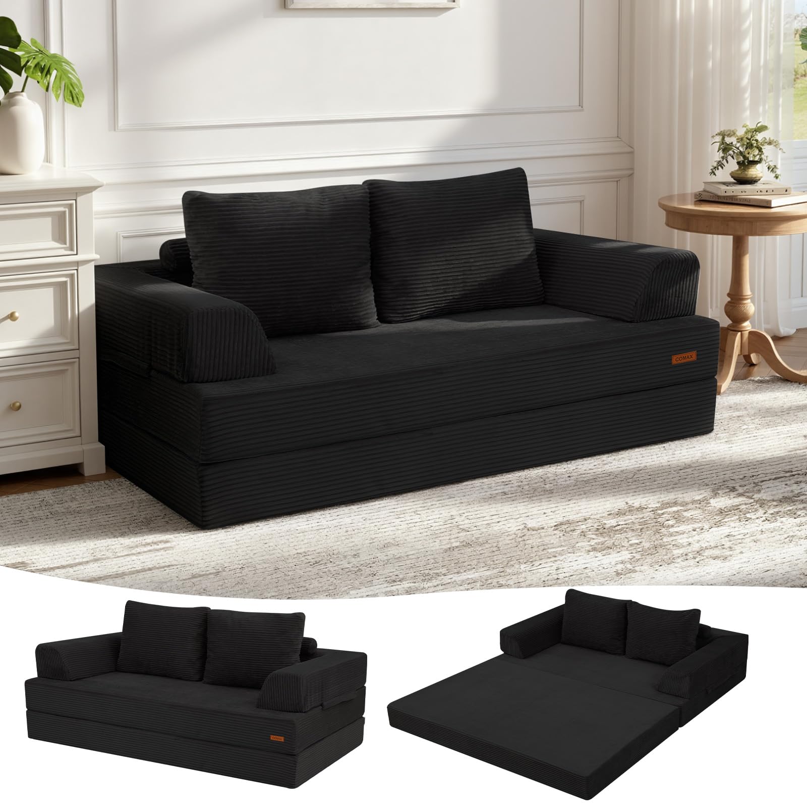 MeMoreCool Convertible Sofa Bed, Folding Floor Boneless Couch with Corduroy Cover, Fold Out Sleeper Mattress with Pillows, Comfy Foam Lounge Loveseat for Living Room Bedroom Guest Room, Black โ image 1