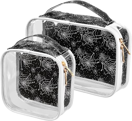 Bolsa de aseo transparente de tela de araña de Halloween para viajes, paquete de 2 bolsas de cosméticos de maquillaje con cremallera, bolsa de viaje