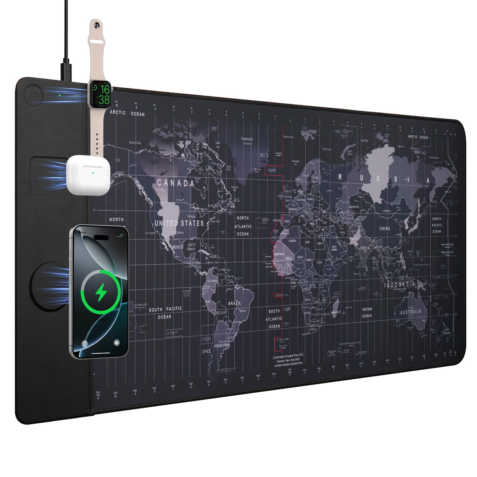 VOVIPO Pad de souris de charge sans fil 15W,Tapis de souris de jeu imperméable,XXL grand tapis de bureau 90 x 40cm, Carte du monde noire Computer Desk Pad noir pour MacBook/PC/ordinateur portable