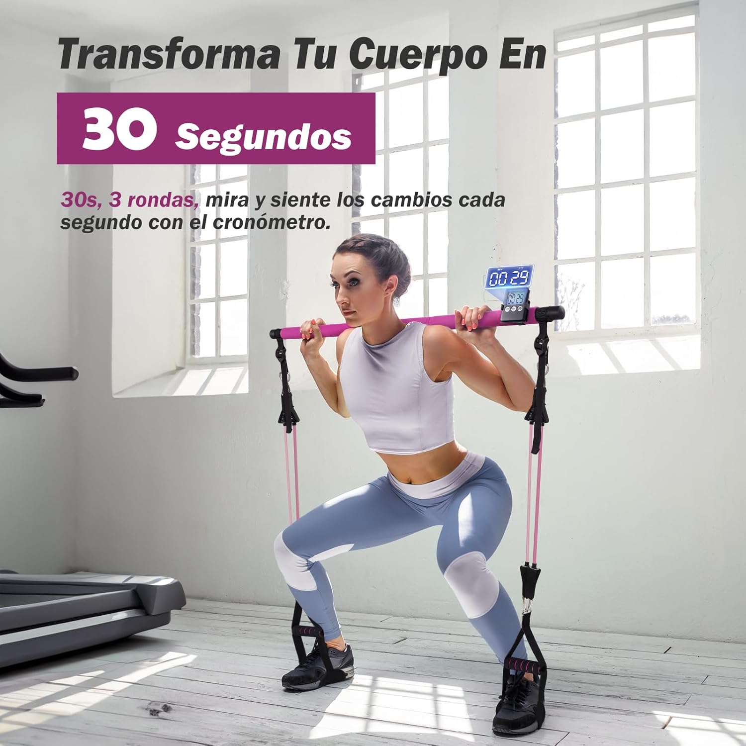 Detalle montaje y bandas elásticas de la barra de pilates