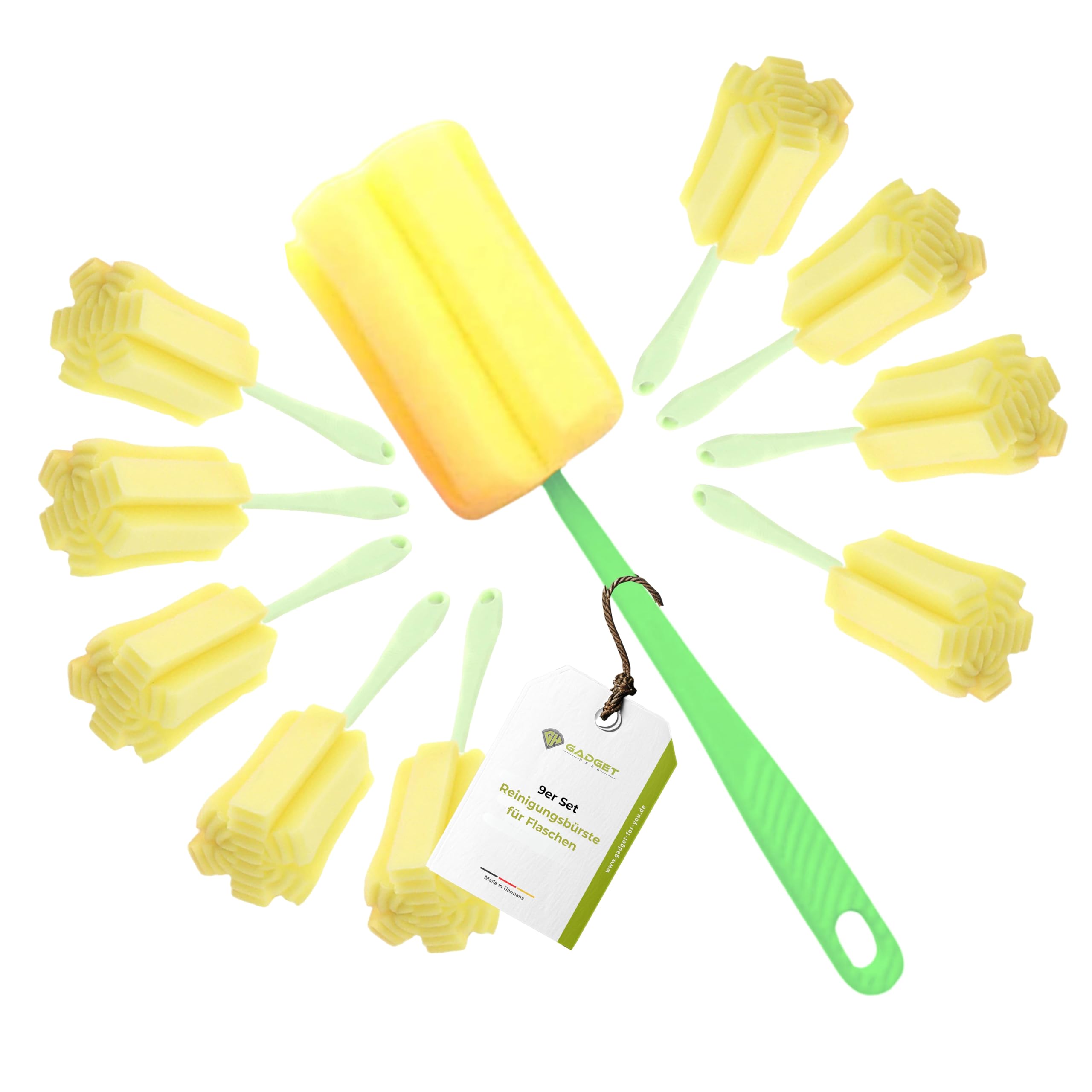 Gadget-Hero Cleaning Brush for Bottles, Set of 9, Bottle Brush Sponge, Washing Up Sponge for Glasses, Scratch-Free Bottle Cleaner with Long Handle, Bottle Sponge, Baby Bottle Cleaner