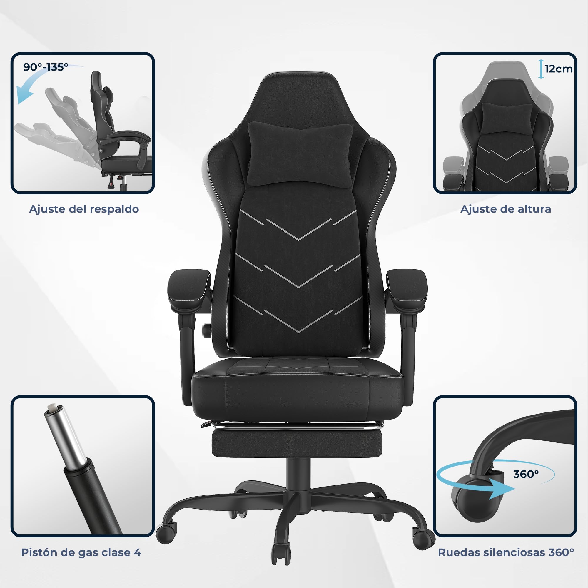 TRIUMPHKEY Silla Gamer Ergonómica, Silla de Oficina con Reposapiés, Inclinable, Soporte Lumbar, Cojín de Muelles, Reposabrazos Sincronizados, Capacidad de Carga 200kg, Negro Obsidiana
