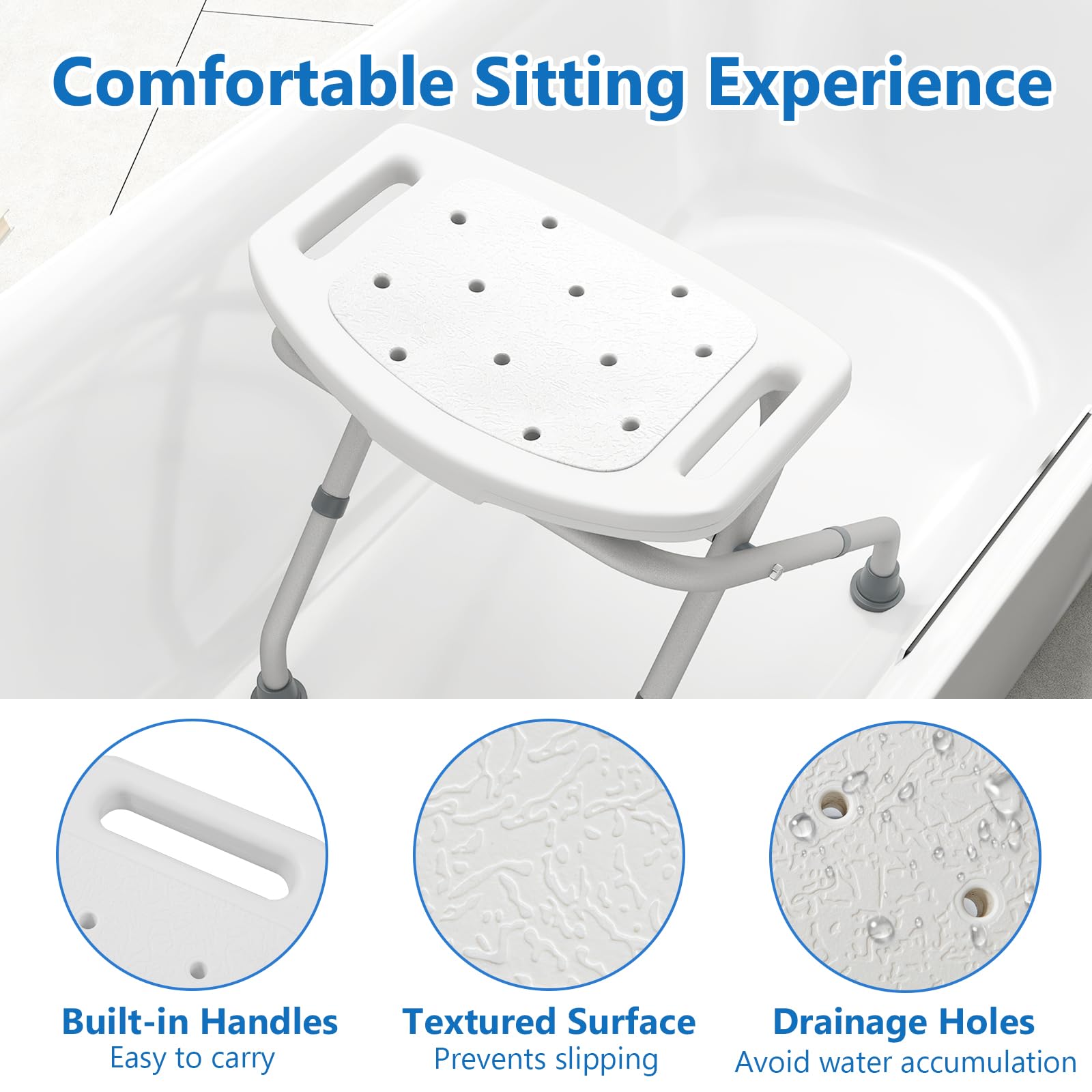 HOMASIS Taburete de Ducha Antideslizante Plegable en Altura de 3 Niveles, Taburete de Baño de Pie con Asiento en Forma de U, para Mayores, Discapacitados, Capacidad de 150 KG (Blanco y Gris)