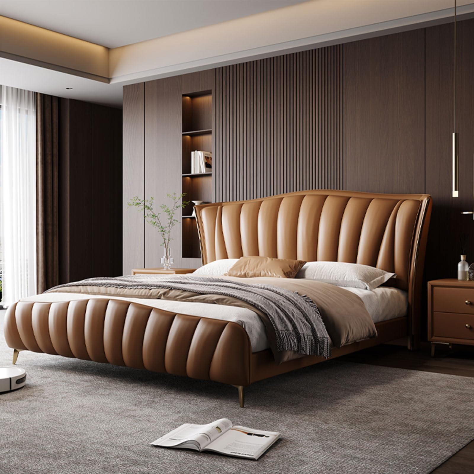 Modern King Size Genuine Leather Bed Upholstered Platform Bed Frame with Headboard and Storage Drawers No Box Spring
