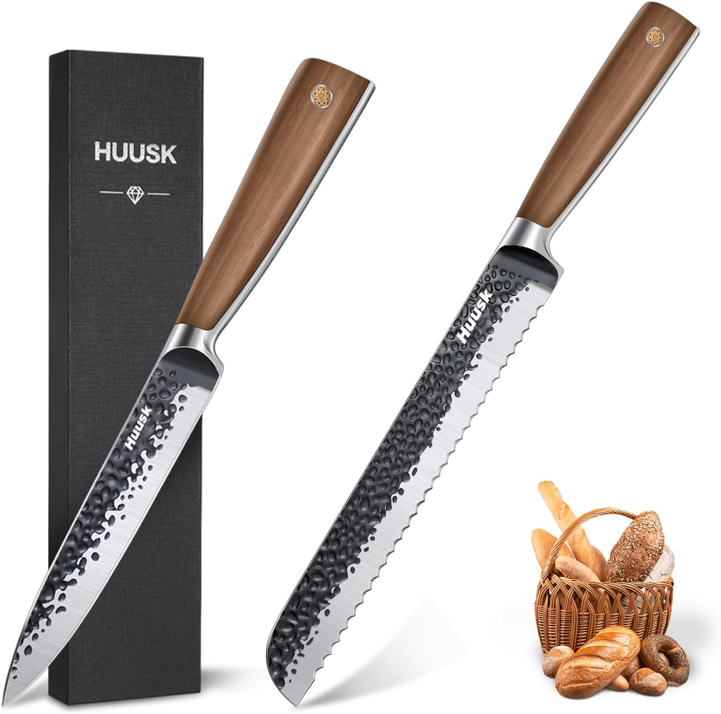 Huusk Kitchen Utility Knife 8 Inch Serrated Bread Knife Ultra Sharp High Carbon Steel Tomato Knives Multipurpose Kitchen Knife for Fruit and Vegetable with Premium Present Box