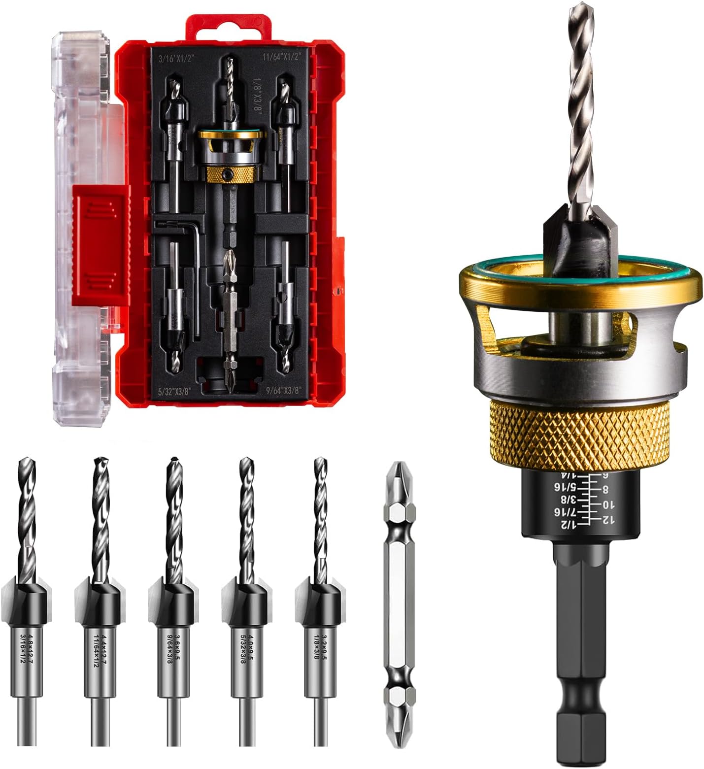 Countersink Drill Bit Set - 5 Pcs Countersink Drill Bit with Aluminum Alloy Depth Stop Collar, HSS M2 Bearing Stopper Anti-Scratch, 82° Counterbores 1/4” Hex Shank for Woodworking Tools & Hand Tools