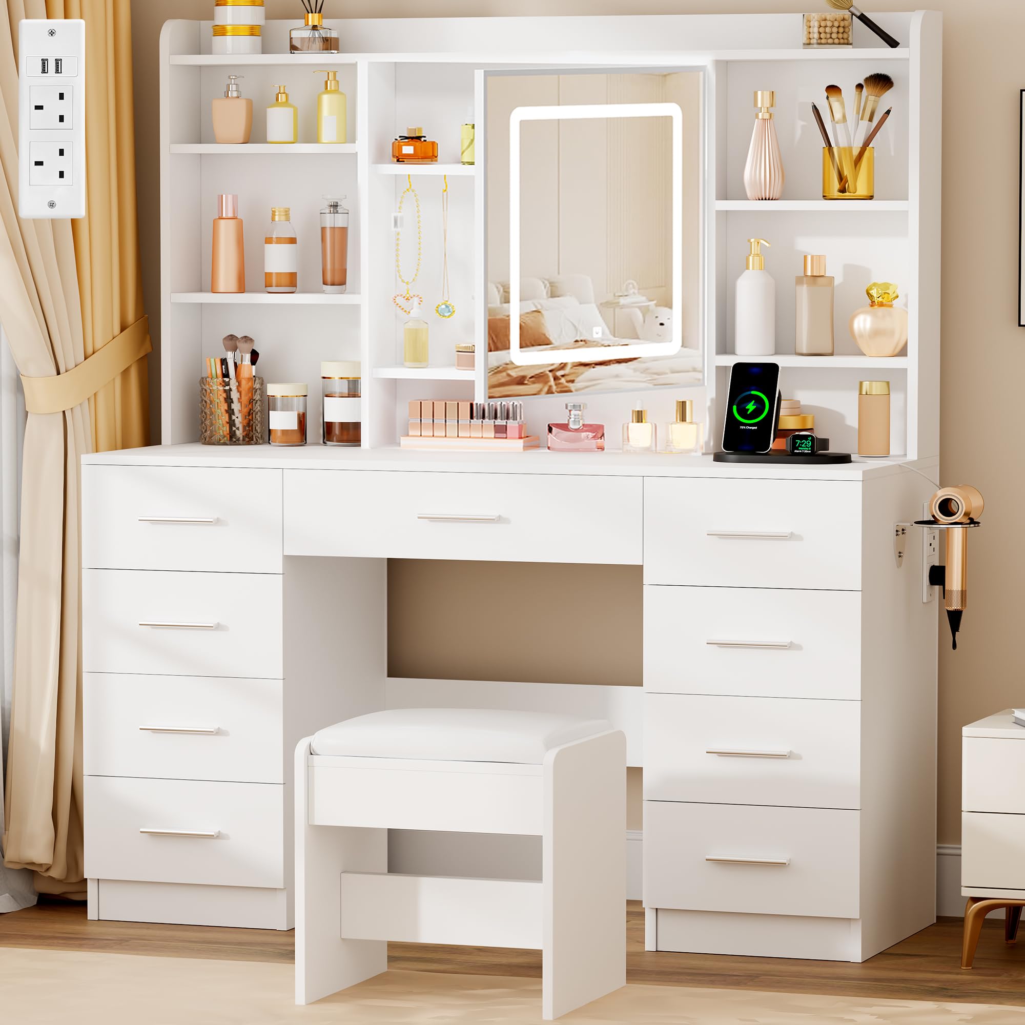 YUNSCEND Dressing Table with LED Light and Mirror, White Vanity Desk with Stool, Power Outlet, 8 Hooks, Makeup Vanity Table with 9 Drawers and 6 Open Shelves, Modern Makeup Desk for Bedrooms YXFST015W