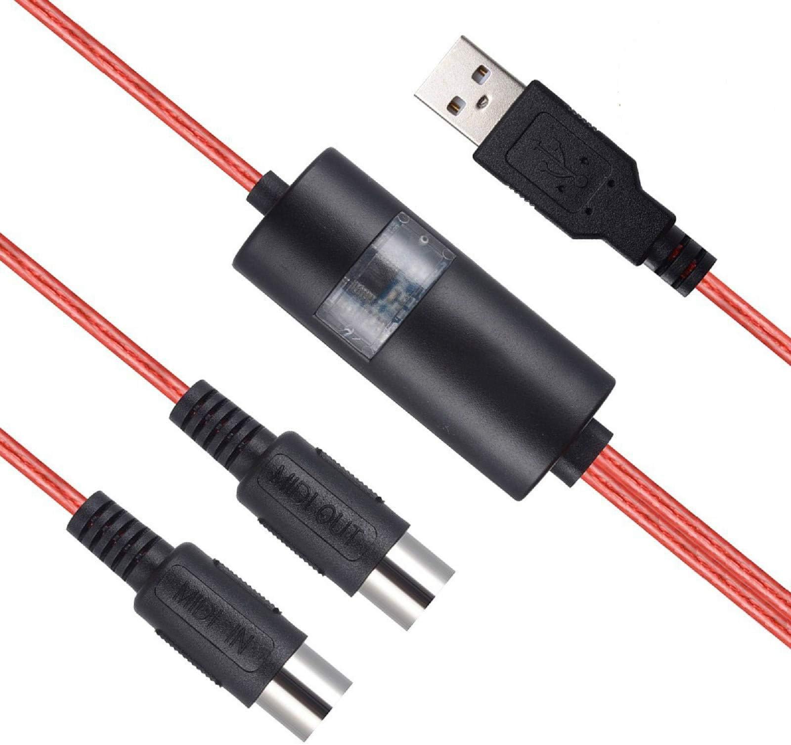 USB MIDI Cable Interface, Upgrade Professional MIDI to USB IN-OUT Cable Converter For PC/Mac/Laptop 2M(6.5FT)(RED)