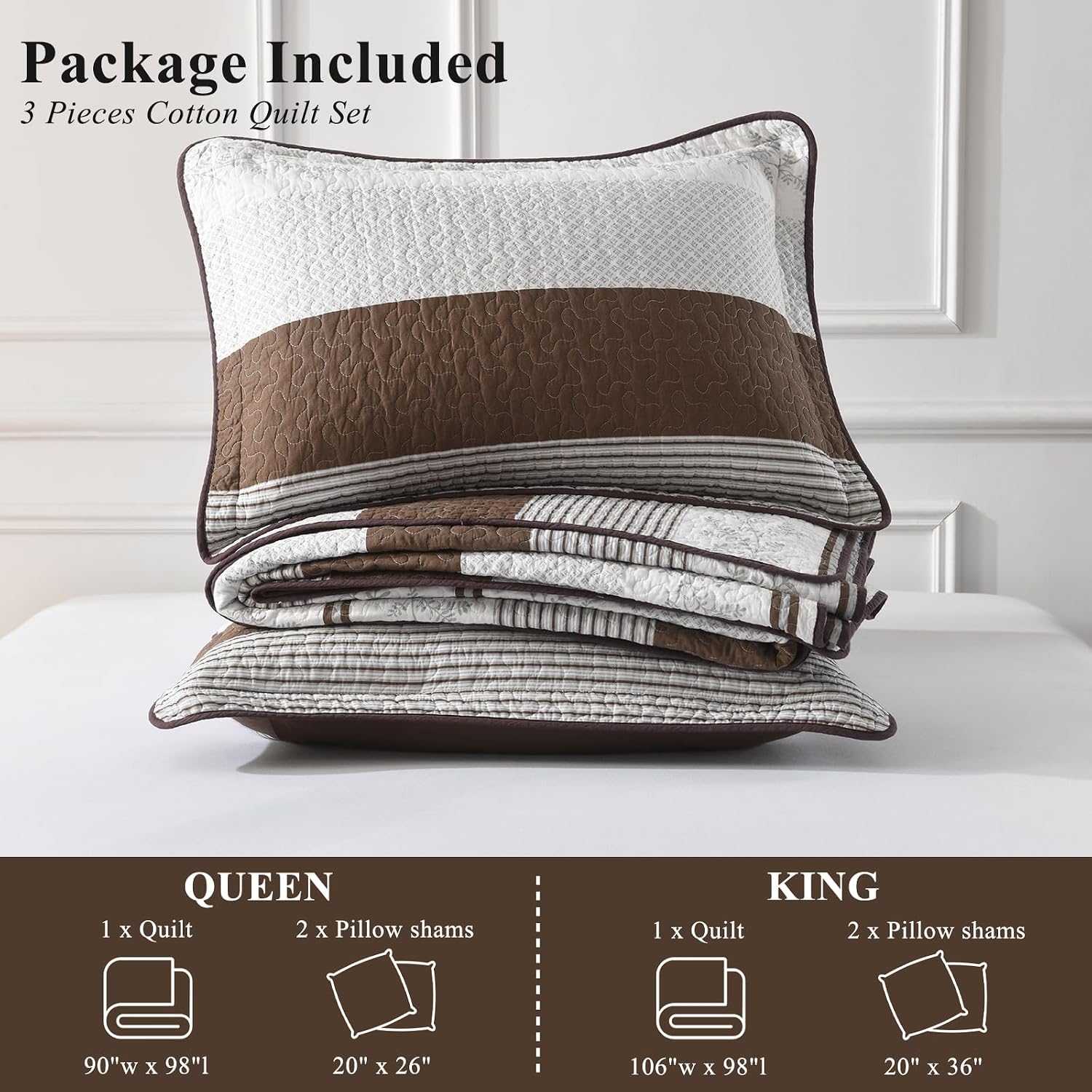 Striped Quilt Queen Size - Brown Beige Quilt Set with Matching Shams, Vintage Vine Design Farmhouse Bedding Bedspread, 3 Pieces 100% Cotton Lightweight Coverlet Home Decor for All Season