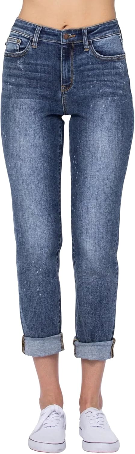 Judy Blue Women's High-Rise Bleach Splash Rolled-Cuff Boyfriend Jeans