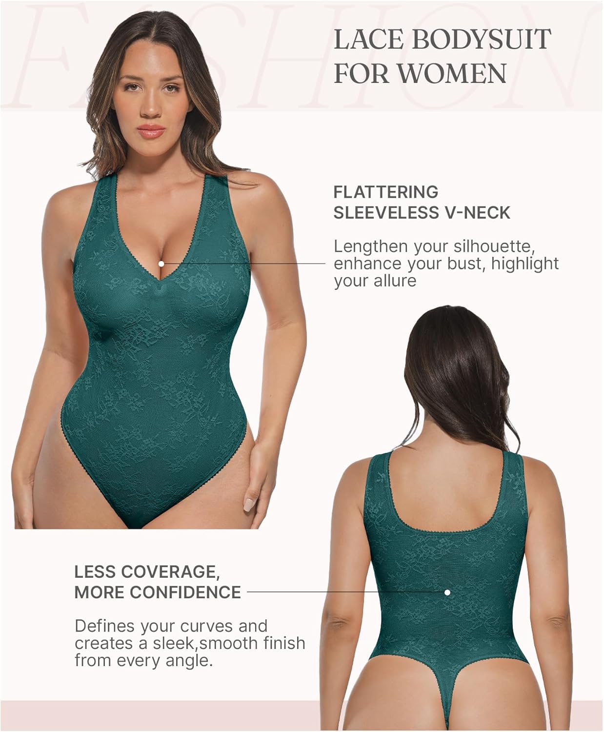 FeelinGirl Shapewear Bodysuit for Women Lace Body Suit Body Shaper Thong V Neck Tummy Control - Image 3