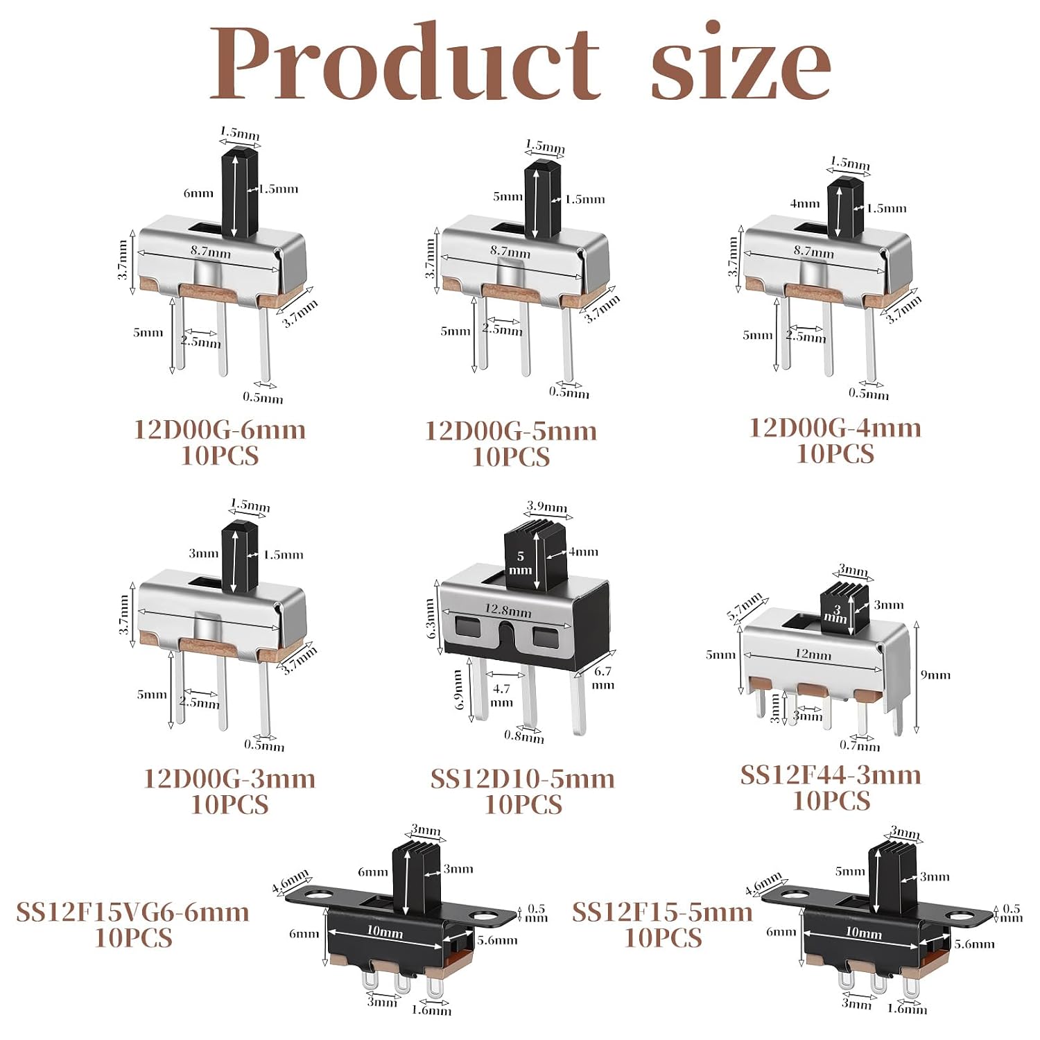 Slide Switch Small Switch, 80PCS Mini Slide Switches 8values Spdt Micro Mini Slide-Switch Kit Slide-Switch Set 1p2t Toggle Switches 2 Position 3 Pin Small Miniature Vertical Panel Mount Knob
