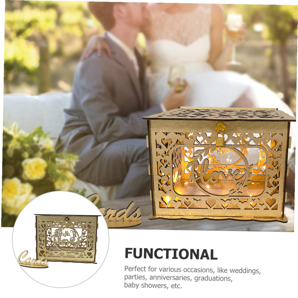 Holz Kartenbox mit Hohldesign Große Hochzeit Umschlag und Geldbox Dekorative Holz Aufbewahrungsbox für Jubiläum Empfang und Feier