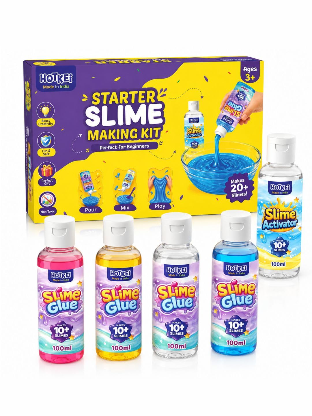 HOTKEI (Make 20+ slimes) Multicolor Scented DIY Magic Slimy Slime Activator Glue Gel Jelly Putty Making kit Set Toy for Boys Girls Kids Slime Making Kit 4 Colored Glue 1 Activator Bottle - 100 ml each-image-36
