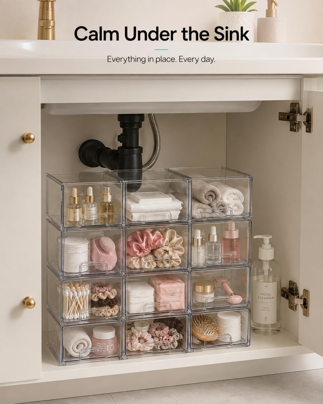 2 Pack 2-Tier Stackable Storage Drawers, Clear Plastic Organizers for Bathroom, Makeup, Vanity, Medicine Cabinet, Kitchen Counter, Pantry & Office