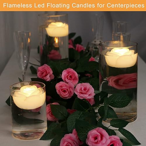 Vista 3 de LARDUX ARDUX Pack of 12 LED Floating Candles - Flameless Floating Rose Tea Lights Waterproof Flower Wax Candles Battery-Powered for Wedding